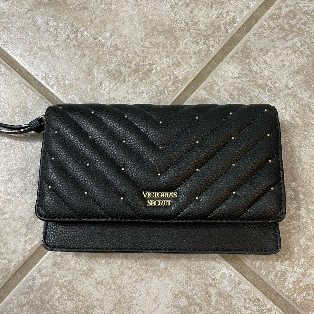 Victoria Secret Studded V-Quilt Tech Clutch, Black/Gold